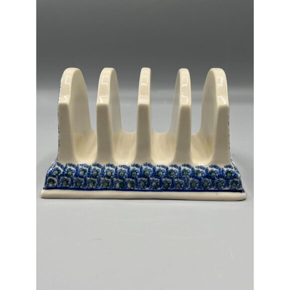 Boleslawiec Polish Ceramic Blue Floral Toast Rack Holder 4 slices or Mail Sorter - Picture 9 of 11